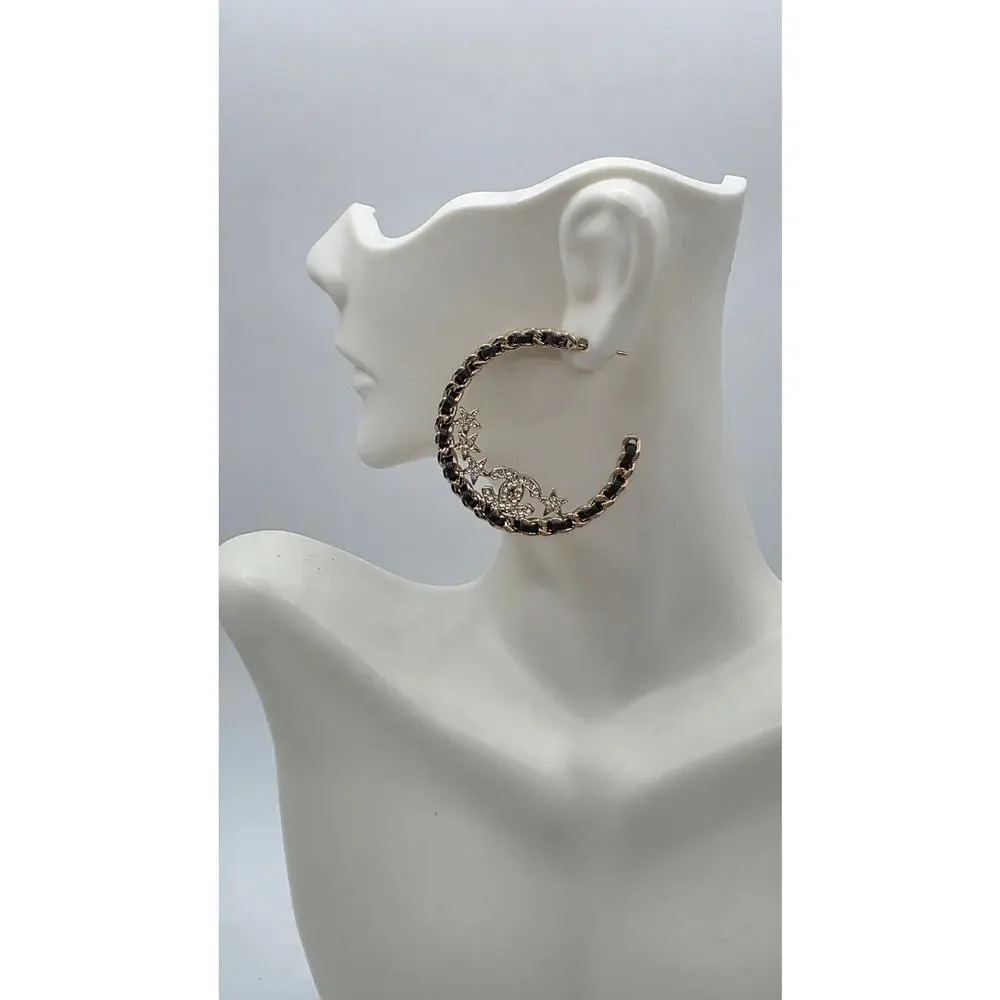 Chanel Gold-tone 2023 Strass Leather Interlocking CC Hoop Earrings